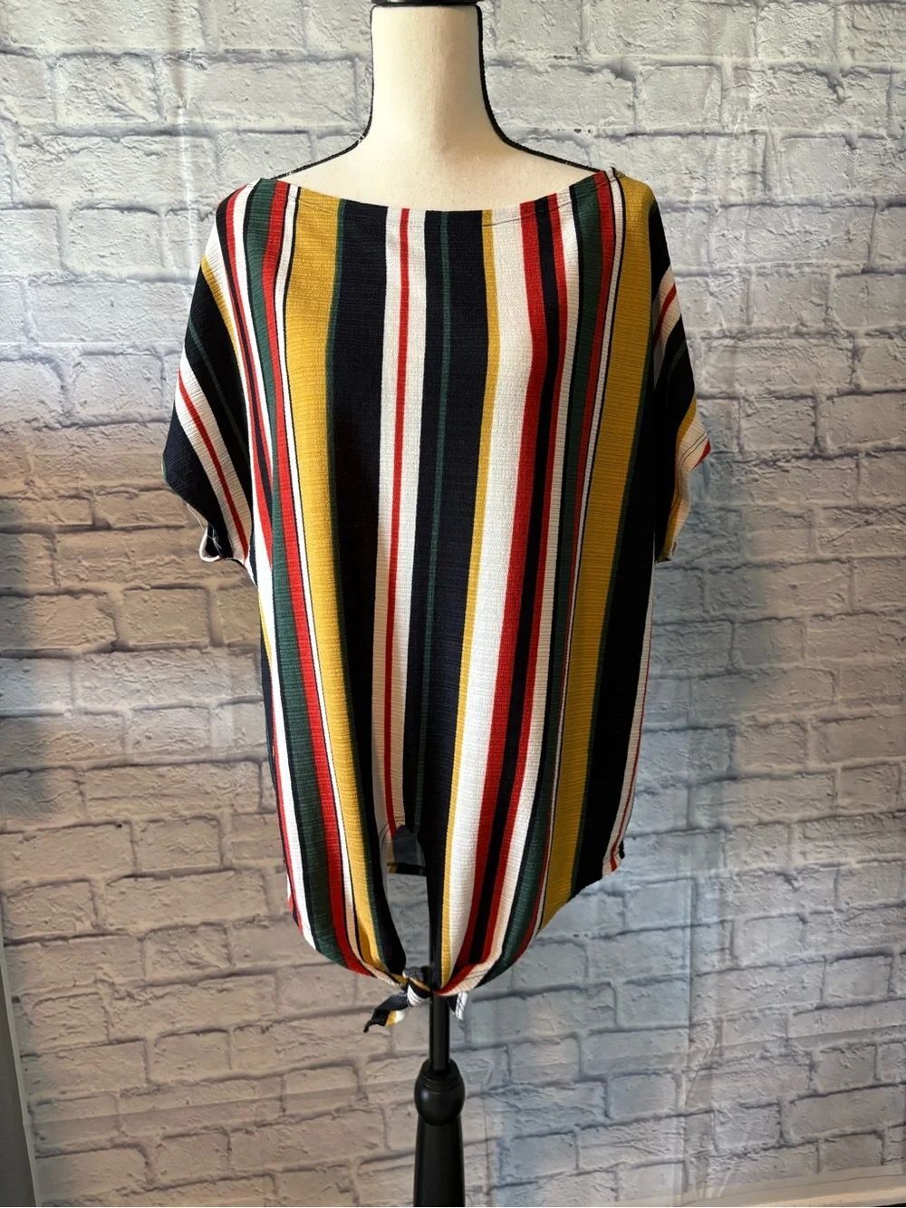 White Birch Striped Tie-Front Tunic in Black, Mustard, Red, Green & White